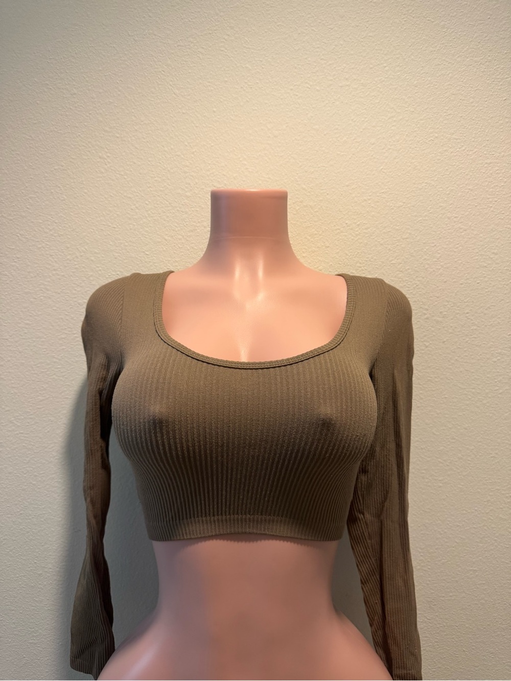 stradivarius Olive Ribbed Square-Neck Long Sleeve Crop Top